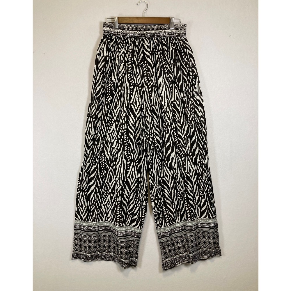 Boho Tribal Print Millenium Women 1X Black White Wide Leg Rayon‎ Palazzo Pants